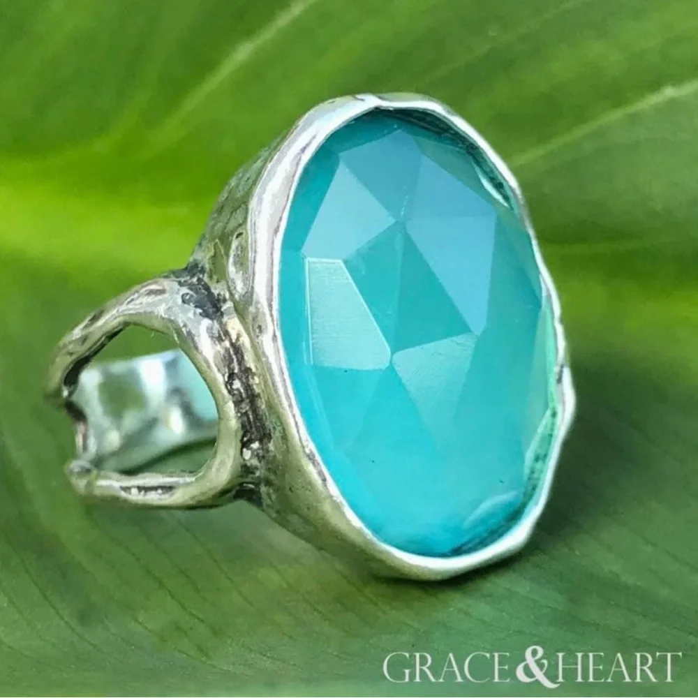 Grace & Heart G&H SKYE Ring Size 6 .925 Sterling Silver & Chalcedony Stone BLUE